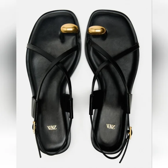 Zara | Shoes | Zara Flat Strappy Sandals With Metal Embellis